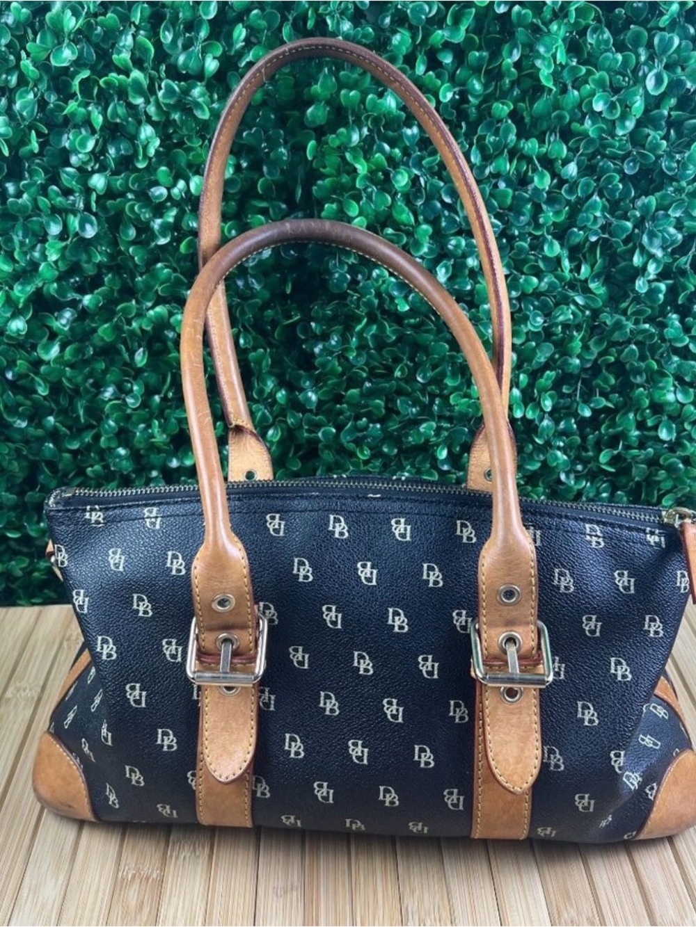 Dooney & Bourke Black Logo Canvas Shoulder Bag with Brown Leather Trim